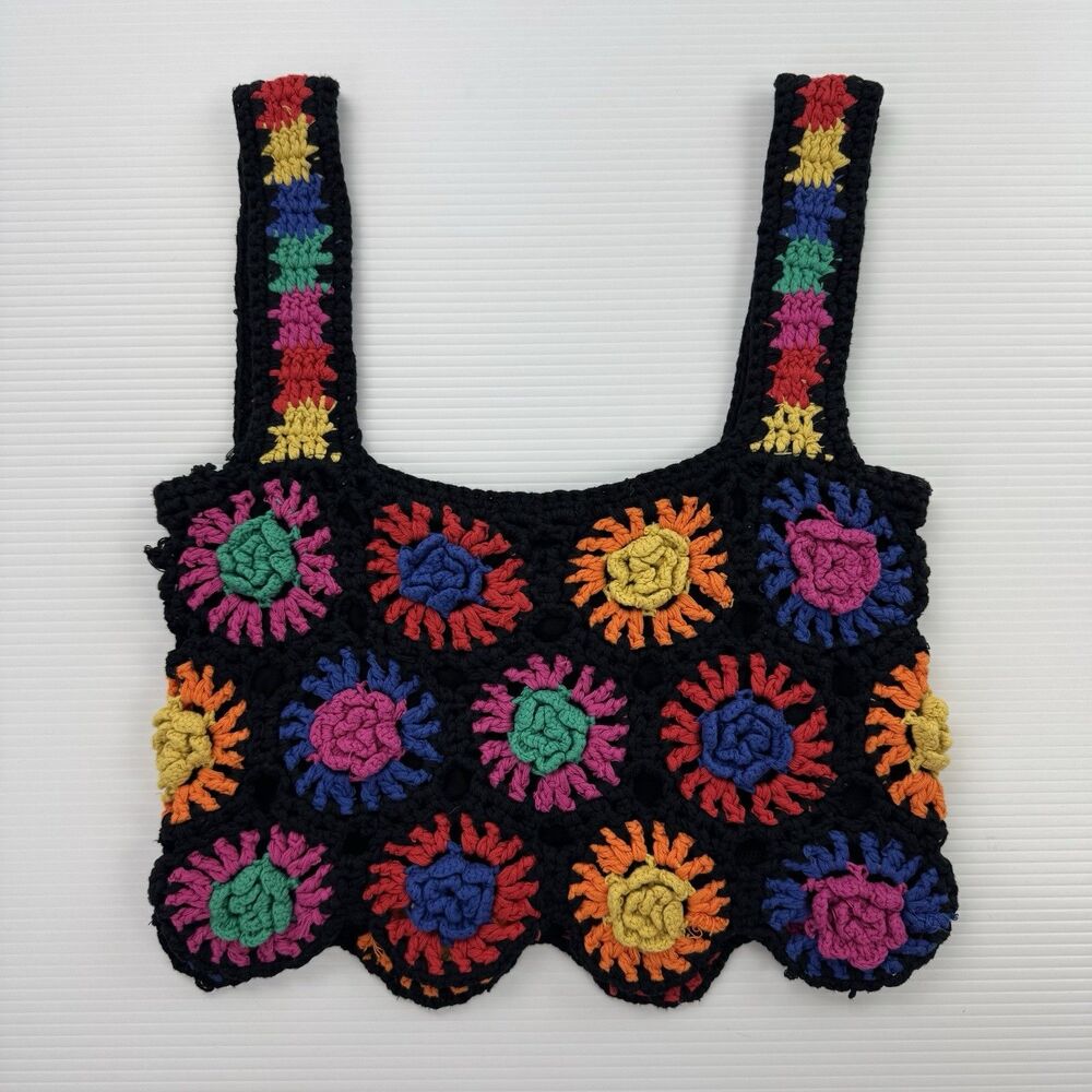 FARM Rio Womens M Crochet Flowers Crop Top Black Multicolor Granny Square Lined - Picture 2 of 13